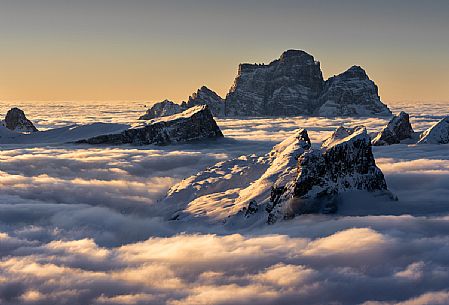 The Pelmo mount and other peaks emerge from the clouds from Lagazuoi summit, Cortina d'Ampezzo, dolomites, Italy, Europe

.